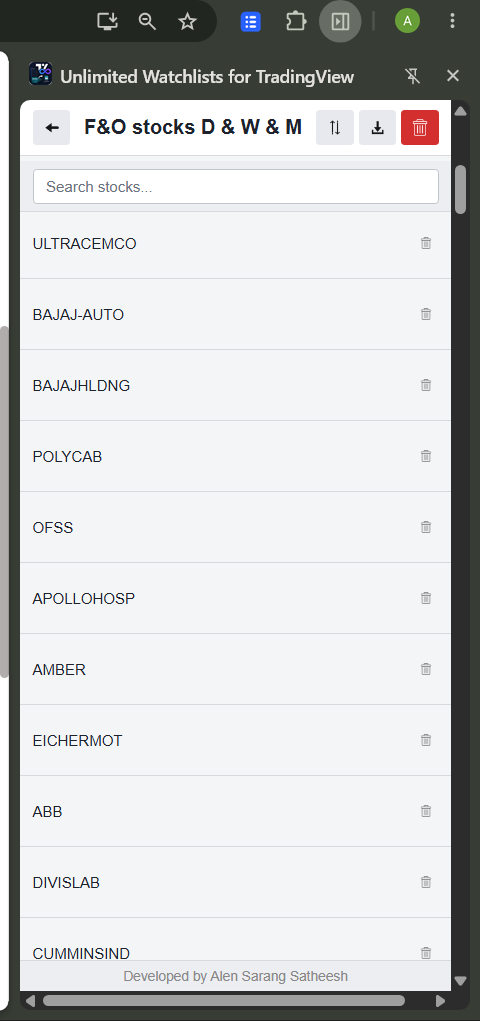Light-themed stock list inside a watchlist with search, sort, export and delete controls