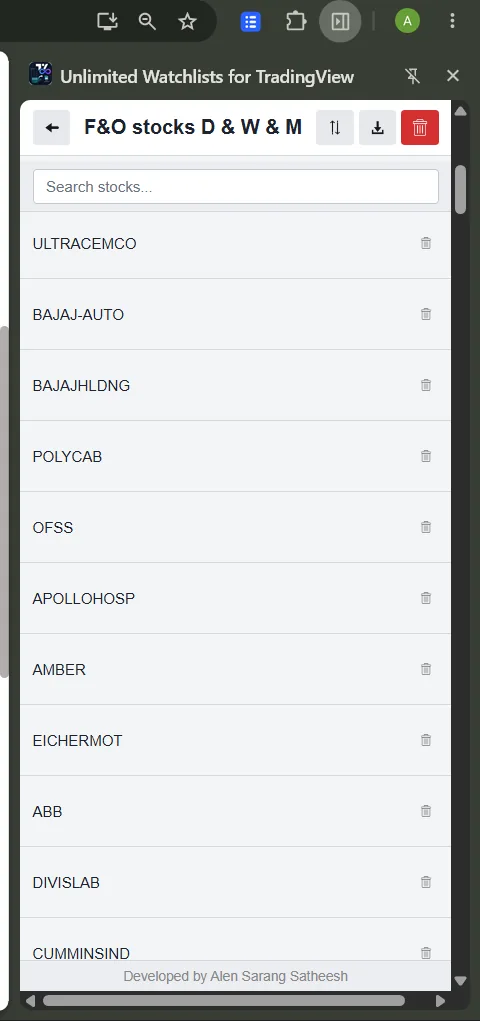 Light-themed stock list inside a watchlist with search, sort, export and delete controls