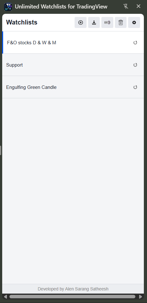 Light-themed watchlists overview with re-sync buttons on Chartink-imported lists