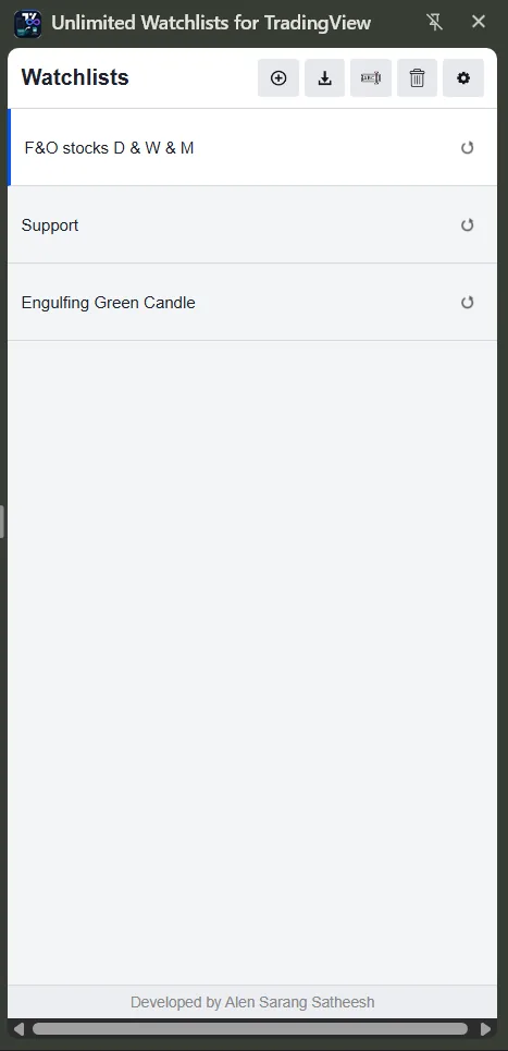 A list of watchlists in the side panel, with re-sync buttons on the Chartink-imported ones