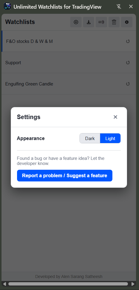 Settings dialog with dark and light appearance toggle and a feedback button
